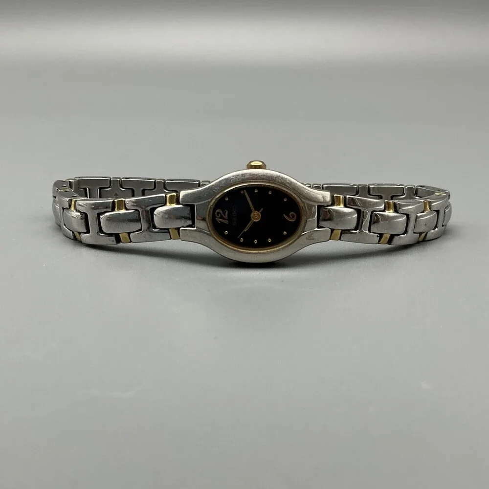 Seiko Womens Watch 17mm Blue Oval Dial Two Tone 1N01-0CT0 New Battery 7.5